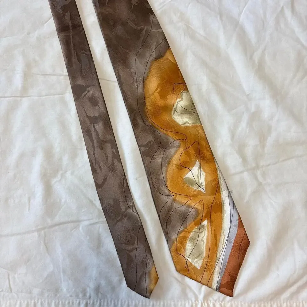 100% Silk Vintage Tie Abstract Brown Gold Swirl Pattern J. Garcia